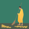 Illustration of Thai monk sweeping leaf